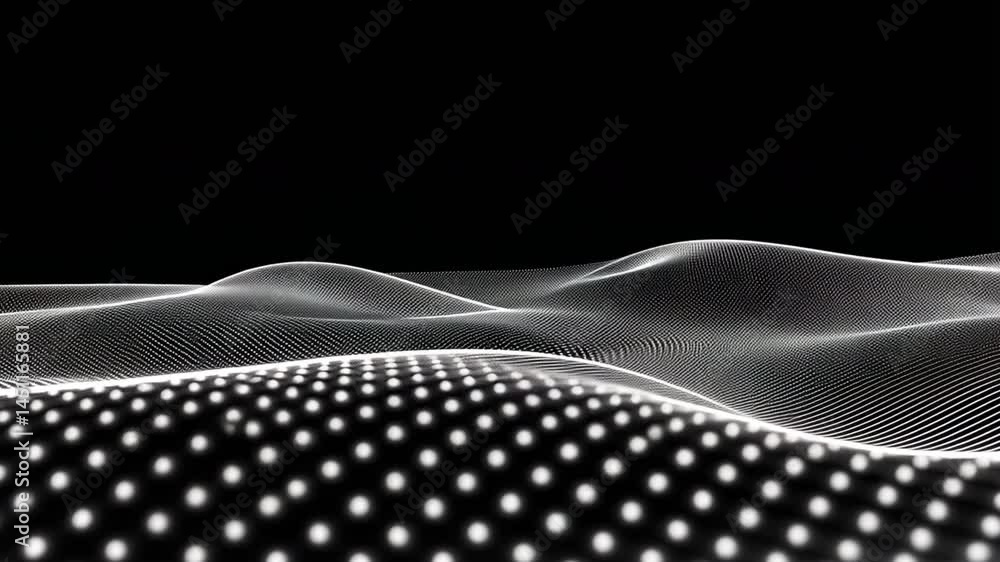 Poster abstract digital landscape of mesmerizing waves and dotted patterns, evoking serene and futuristic d