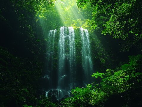 serene waterfall deep in lush rainforest mist rising soft dappled sunlight vibrant greenery calming natural aesthetic 