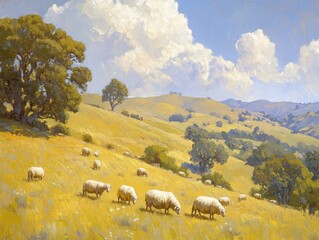 Obraz premium Sheep grazing in a sun-drenched meadow, rolling hills and scattered trees in the background