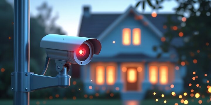 Close-up of a modern security camera mounted outside a house during evening with warm lights and glowing particles, symbolizing home surveillance and safety
