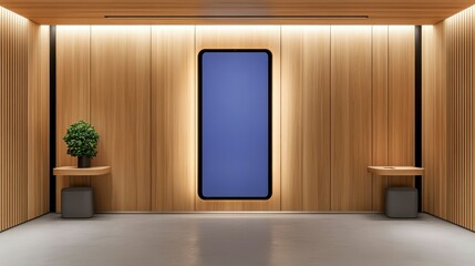 Modern interior showcasing a large digital display on wooden wall with minimalistic decor and contemporary furnishings