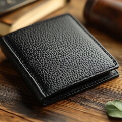 sleek matte black leather wallet fine grain texture high-end craftsmanship subtle reflections sharp refined details 
