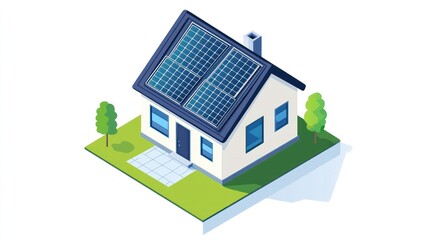 Isometric illustration of a house with solar panels on the roof.