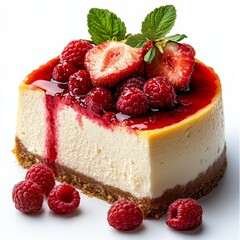 slice of creamy cheesecake topped with fresh strawberries and raspberry sauce rich golden texture soft diffused lighting clean white background 