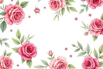 Fototapeta premium Delicate watercolor roses & leaves, repeating floral pattern, white, subtle, illustration