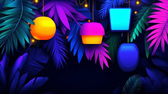 Vibrant tropical foliage with colorful hanging lamps enhancing a lush and exotic visual ambiance in a night setting
