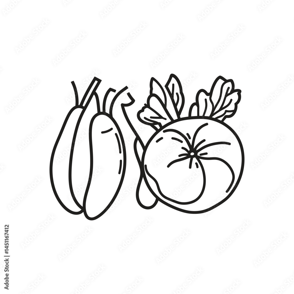 Poster simple outline of pear and tomato with leaves on a transparent background