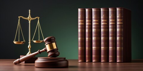 Classic legal concept image with courtroom gavel, golden balance scale, and hardcover law books, ideal for illustrating justice, law firms, and legal education

