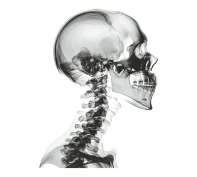 A skull is shown in a black and white photo