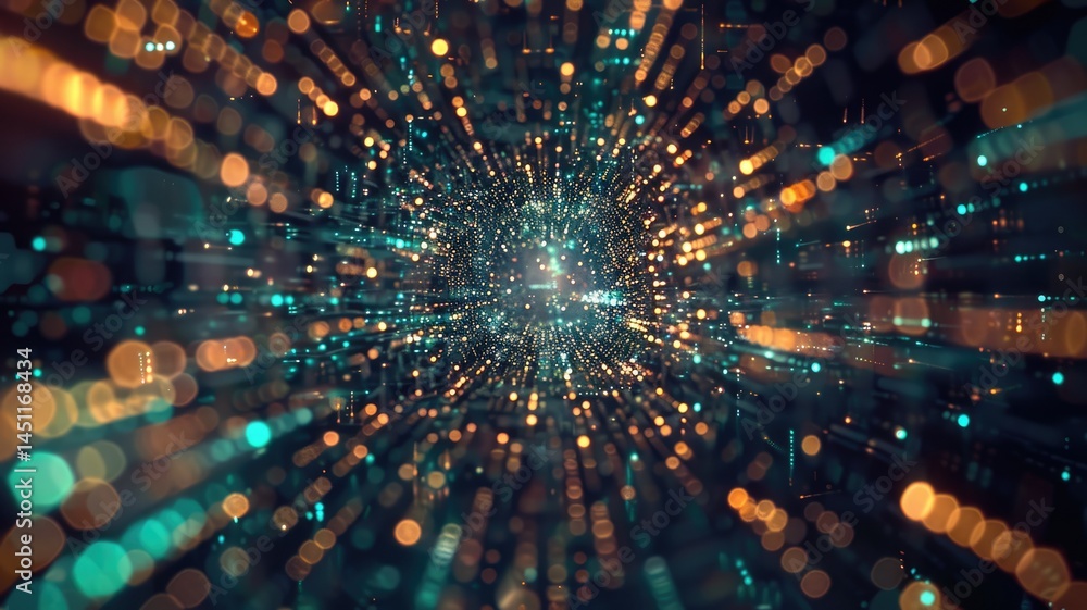 Poster abstract picture micro particle in geometric shape represent data flow. vivid flowing object with hi