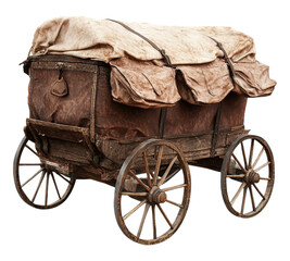 A wooden wagon with a brown top and tan canvas