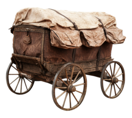 A wooden wagon with a brown top and tan canvas