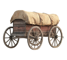 A wooden wagon with a brown cloth covering it