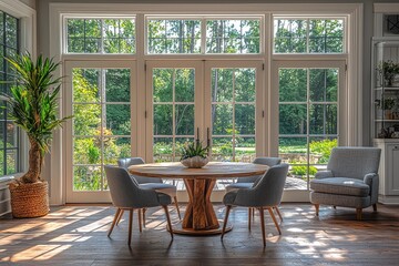 Fototapeta premium Elegant dining room with round wooden table, French doors, and natural daylight in open-concept interior design