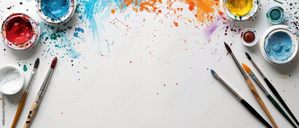 Poster paintbrushes and paint splashes on colorful background. flat lay composition with copy space for art