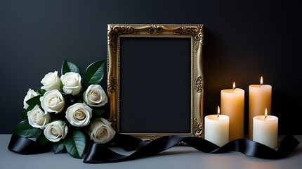 Memorial scene featuring white roses, lit candles, and a vintage gold frame with black ribbon, ideal for mourning, condolences, and tribute concepts

