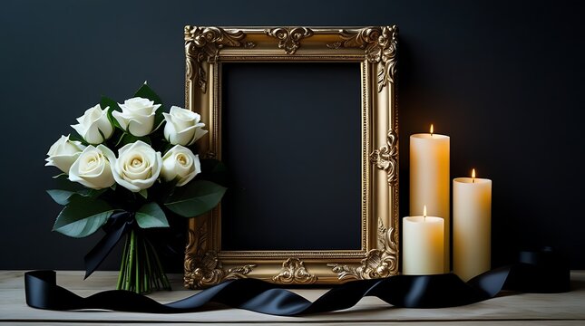 Memorial scene featuring white roses, lit candles, and a vintage gold frame with black ribbon, ideal for mourning, condolences, and tribute concepts

