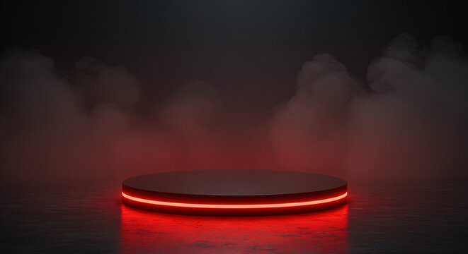 Dark, circular platform with a glowing red edge at its base. The platform is set against a dark background, and there are wisps of smoke or fog surrounding it.