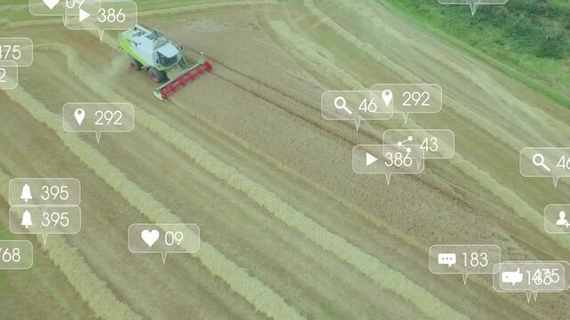 Combine harvester cutting wheat leaving striped stubble, floating social icons showing engagement