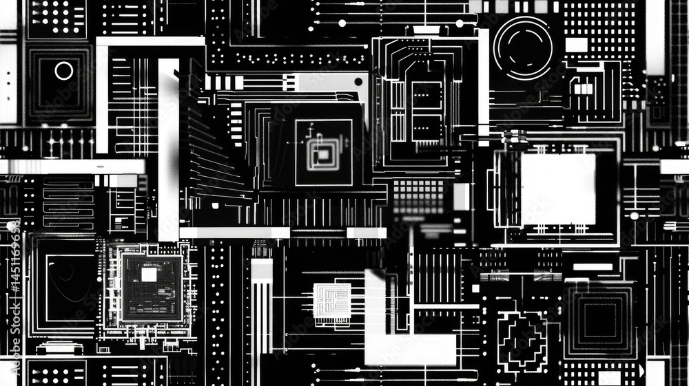 Poster The abstract picture of glitch circuit in square shape sketched by black color use shading to express software effect and algorithm graphic of digital chip through modern and electronic style. AIG53.