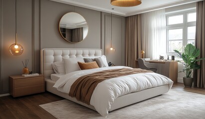 Modern bedroom interior design, calm atmosphere, large bed, home office
