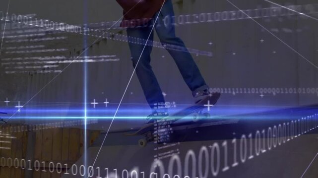 Skateboarder performing grinding trick along metal rail, featuring animated binary code overlay