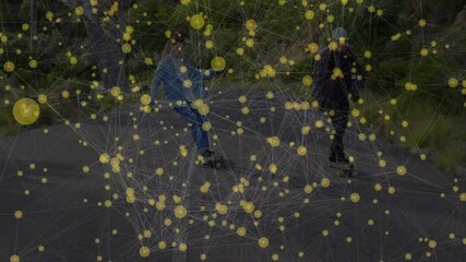 Two men skateboarding rural road, showing technology network with yellow nodes and white lines - Powered by Adobe