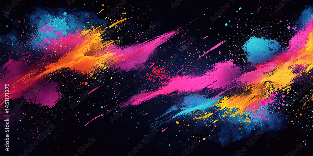 Poster colorful paint explosion on a dark background with splatters and dynamic brush strokes design style