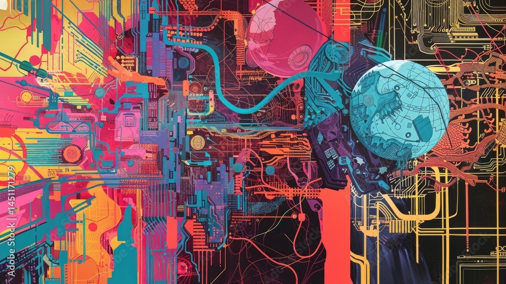 Poster this artwork features a vibrant abstract design with intense colors and intricate patterns. the comp