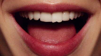 Close-up shot of a smiling mouth showing bright white teeth and a slightly protruding tongue, highlighting the glossy, well-defined lips with a natural pink hue. The focus is on the dental features, c