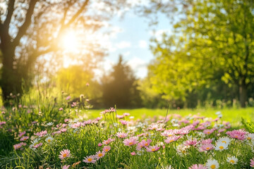 Daisies bloom in a sunlit meadow, creating a serene and inviting springtime scene