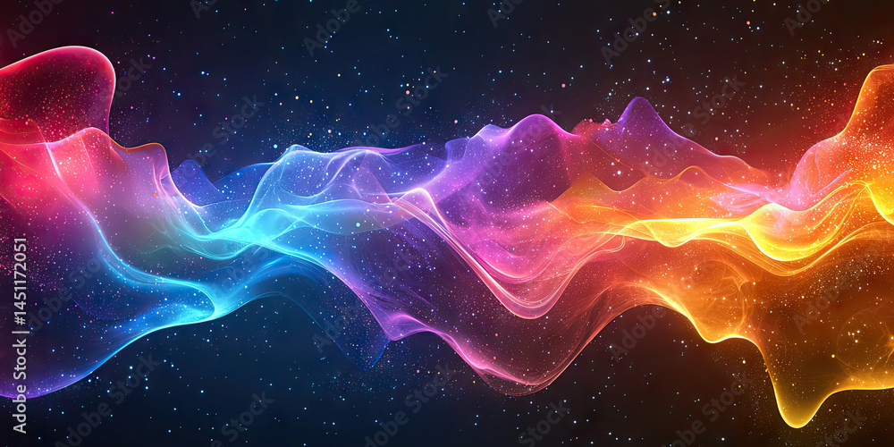 Poster abstract colorful wave flowing through a starry night sky with a gradient effect design art