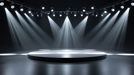 Empty circular podium illuminated by multiple overhead beams, set in a black room for events, displays, awards, or futuristic visual presentations with theatrical lighting

