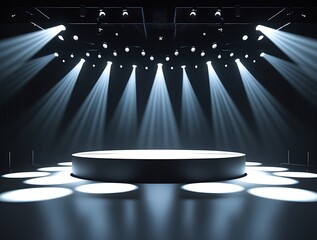 Empty circular podium illuminated by multiple overhead beams, set in a black room for events, displays, awards, or futuristic visual presentations with theatrical lighting

