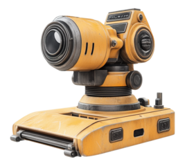 A yellow camera with a black lens sits on a white background