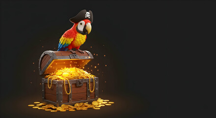 Colorful Parrot on Pirate Treasure Chest with Gold Coins Display