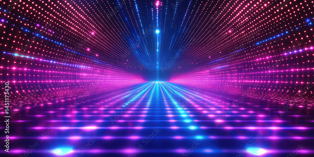 Poster abstract digital background with pink and blue lights creating a tunnel effect perspective