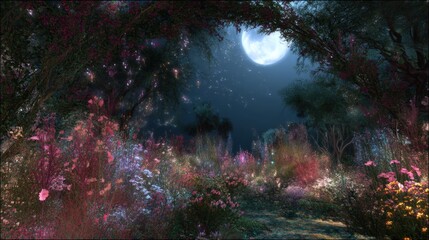 A serene and enchanting night scene depicting a lush, vibrant forest filled with colorful wildflowers under a starry sky. The moon casts a gentle glow over the landscape, illuminating the myriad of fl