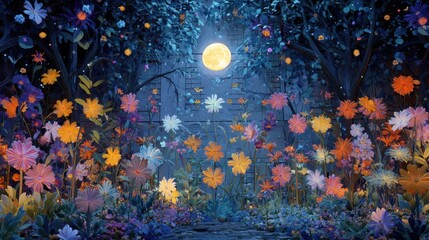 A vibrant and colorful garden scene illuminated by a glowing full moon, featuring an array of surreal, oversized flowers in various shades of orange, pink, blue, and purple. Rich foliage surrounds the