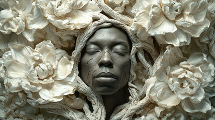 A serene face, framed by sculpted floral branches
