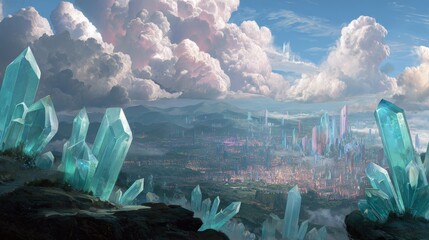 A breathtaking view of a fantasy landscape featuring towering, vibrant crystals in various shades of blue and emerald. The foreground showcases sparkling crystal formations protruding from rocky terra