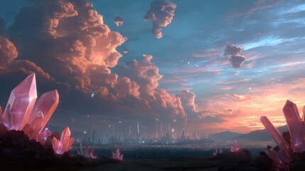 A breathtaking landscape featuring towering pink crystals in the foreground, set against a vibrant sky filled with colorful clouds at sunset. In the background, a futuristic city skyline sparkles with