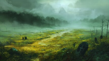 A haunting landscape shrouded in fog and mystery, featuring a winding dirt path that stretches through a field adorned with wildflowers and gravestones. In the foreground, three cloaked figures stand 