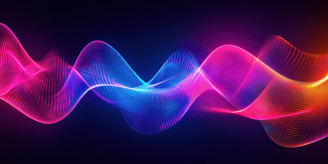 Fototapeta premium Vibrant colorful wave patterns flowing across dark background with glowing lines creating dynamic abstract digital art for modern technology and futuristic design