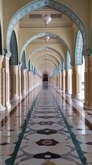 A long, ornate hallway with arched ceilings and patterned flooring.
