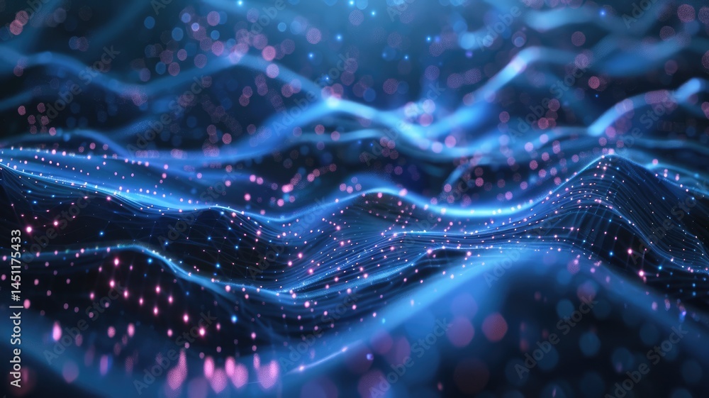 Poster digital abstract background featuring flowing waves and luminous particles, creating a futuristic an