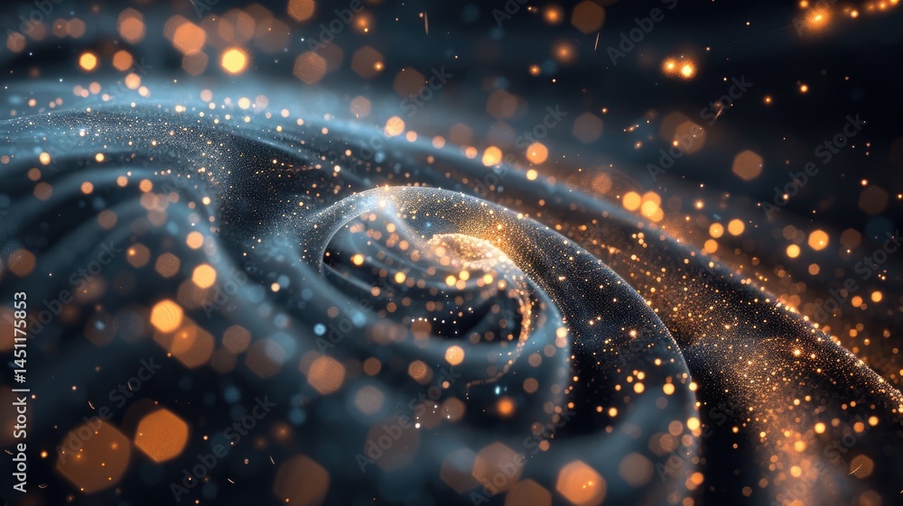 Poster sparse with spiraling trail of particles glowing dots setting against dark background in depth and m