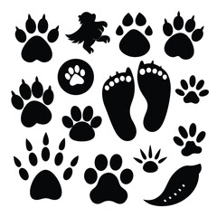 Fototapeta premium Generate a collection of black footprints representing various animal species.