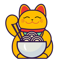 yellow lucky cat with noodle vector illustration