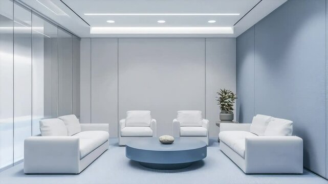 Modern, minimalist waiting room with light blue accents.  Features white sofas and chairs arranged around a light blue circular coffee table, complemented by a neutral color palette and clean lines